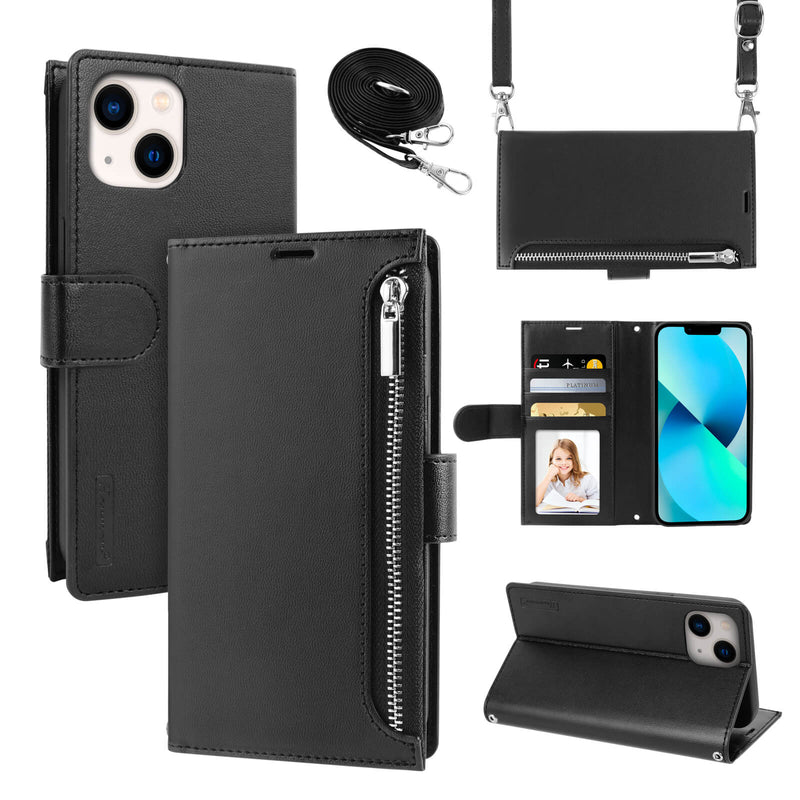 iPhone 15 Pro Max Hanman Leather Adjustable Crossbody Strap Wallet Flip Case