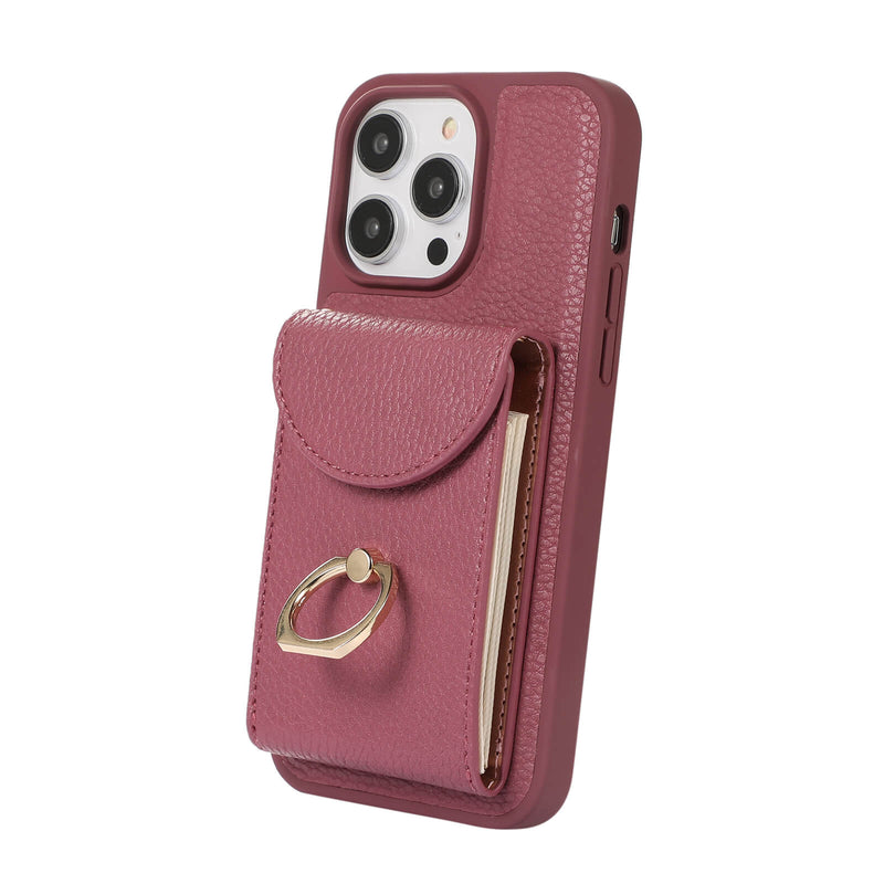 iPhone 15 Pro Max Lychee Pattern Multi-slot Ring Card Holder Detachable Crossbody Phone Case