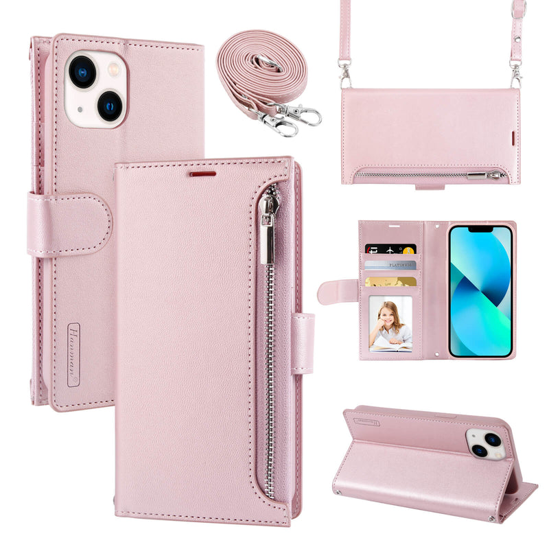 iPhone 15 Pro Hanman Leather Adjustable Crossbody Strap Wallet Flip Case