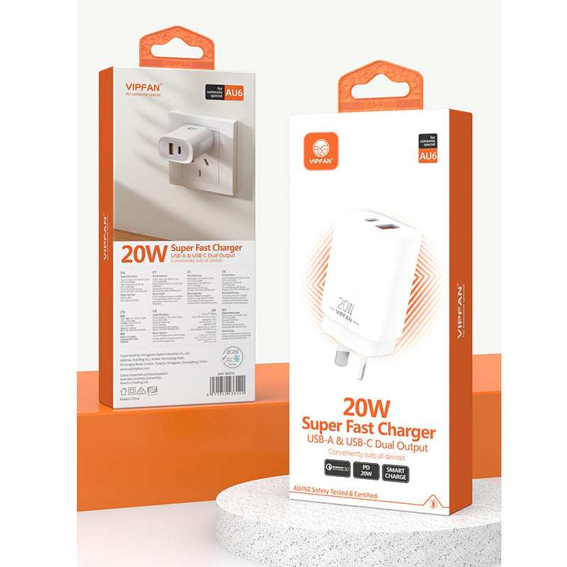 VFAN USB A + C PD 20W Dual Super Fast Charger Plug AU6