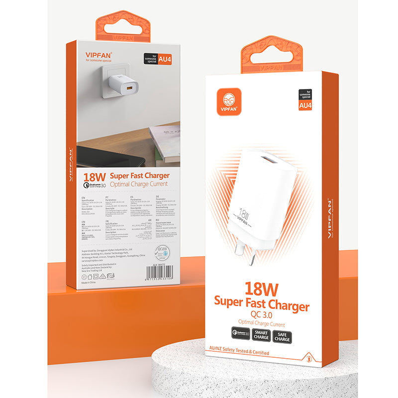 VFAN 18W QC3.0 Fast Charge USB Wall Charger AU4