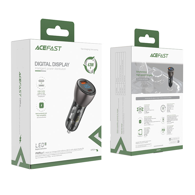 Acefast Metal Car Charger 63W (USB-A+USB-C) With Digital Display B6