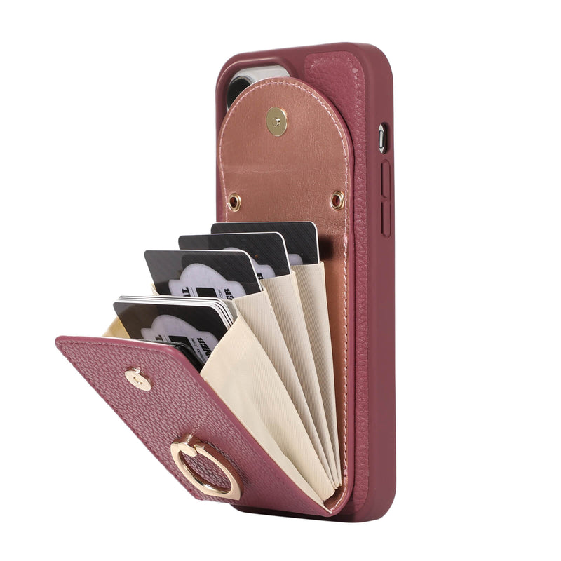 iPhone 15 Lychee Pattern Multi-slot Ring Card Holder Detachable Crossbody Phone Case