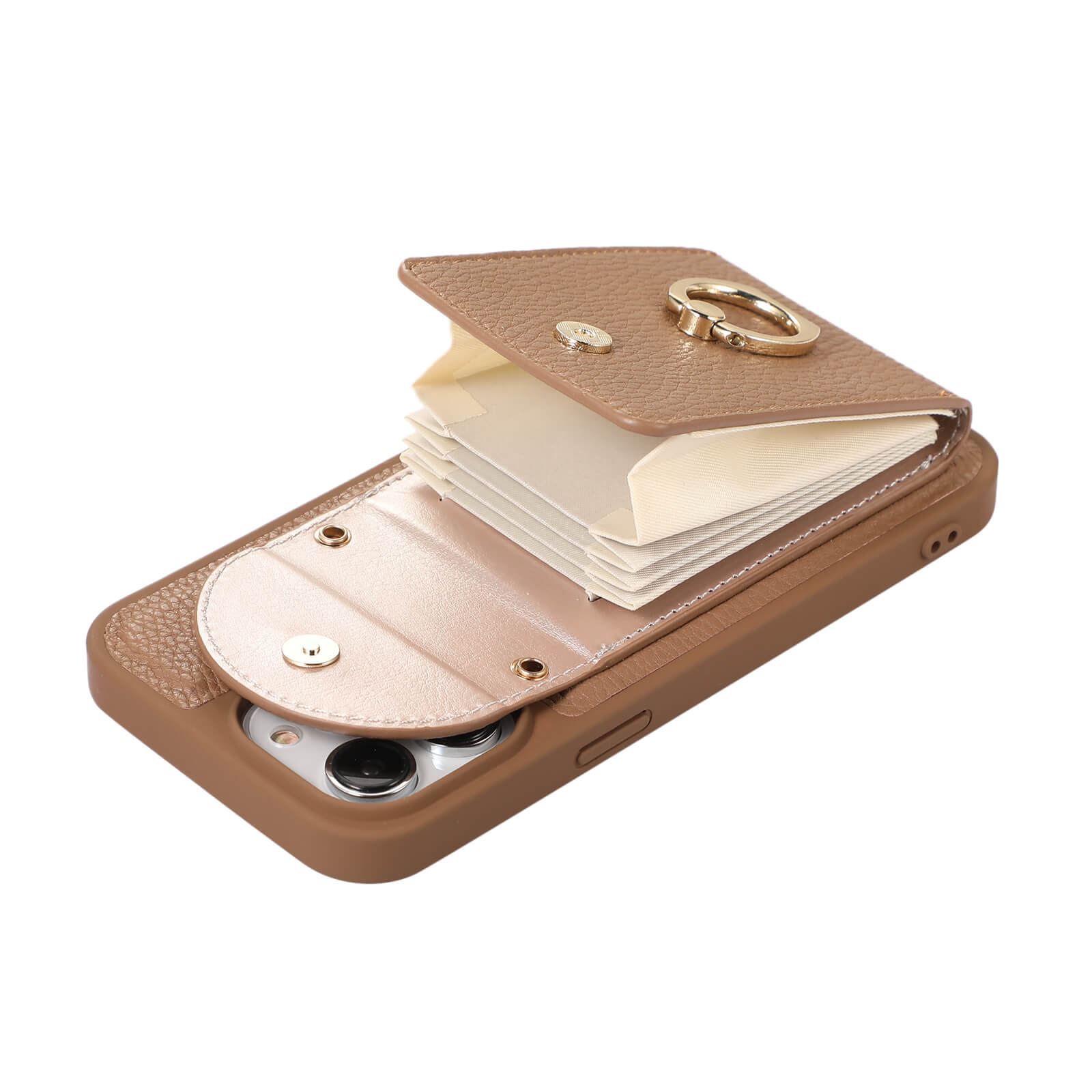 iPhone 12/12 Pro Lychee Pattern Multi-slot Ring Card Holder Detachable Crossbody Phone Case