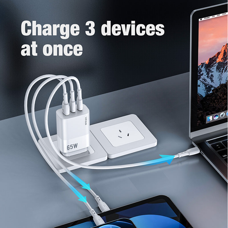 VFAN USB A+C PD 65W 3-in-1 GaN Ultra Fast Charger Plug(MacBook Available) AU7