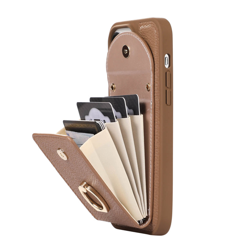 iPhone 13/14 Lychee Pattern Multi-slot Ring Card Holder Detachable Crossbody Phone Case