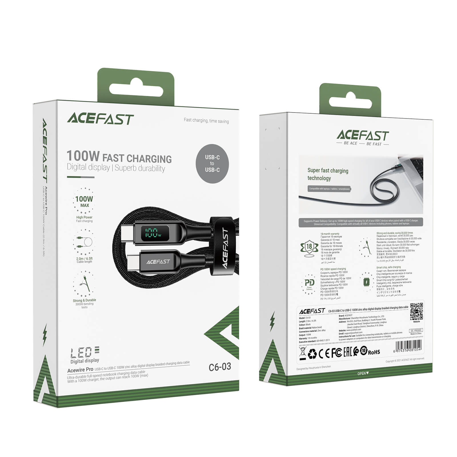 Acefast Type-C to Type-C 100W Zinc Alloy Digital Display Braided Charging Data Cable (2M) C6-03