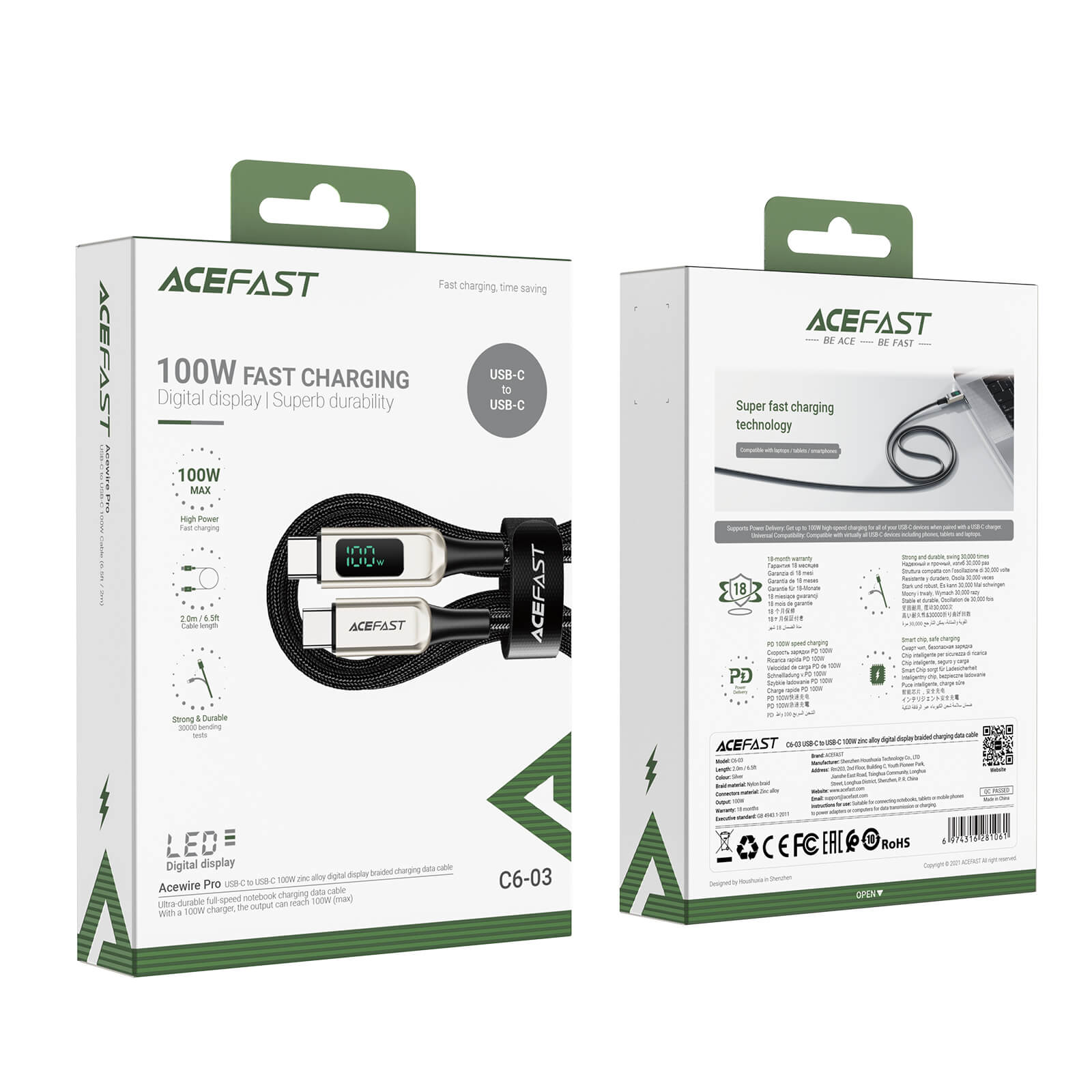 Acefast Type-C to Type-C 100W Zinc Alloy Digital Display Braided Charging Data Cable (2M) C6-03