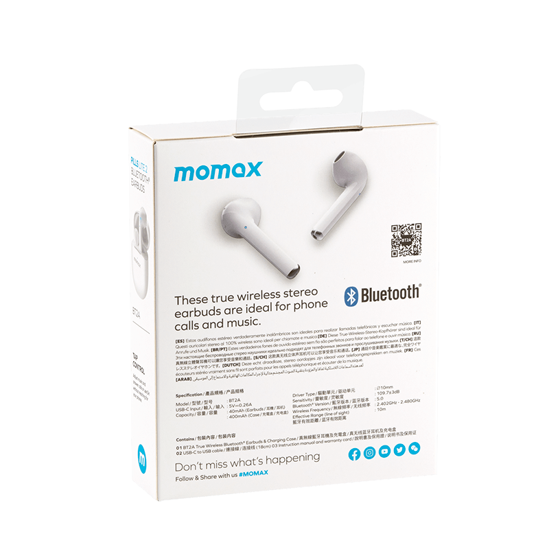 Momax Small Shell 2 True Wireless Bluetooth Earbuds-Upgrade Version BT2A