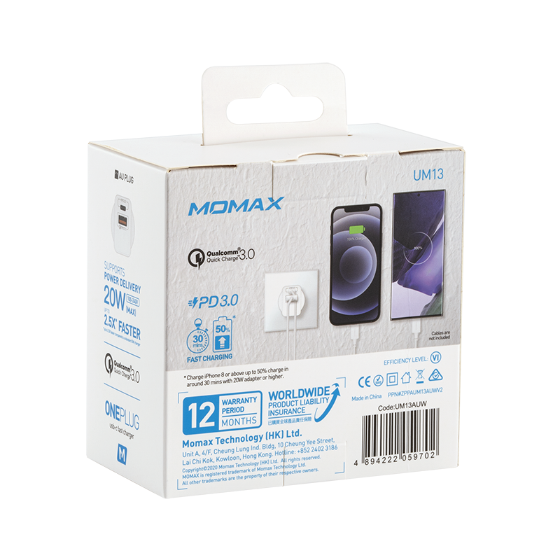 Momax 20W QC3.0+USB-C PD Wall Charger Dual Output USB-C PD & USB-A UM13