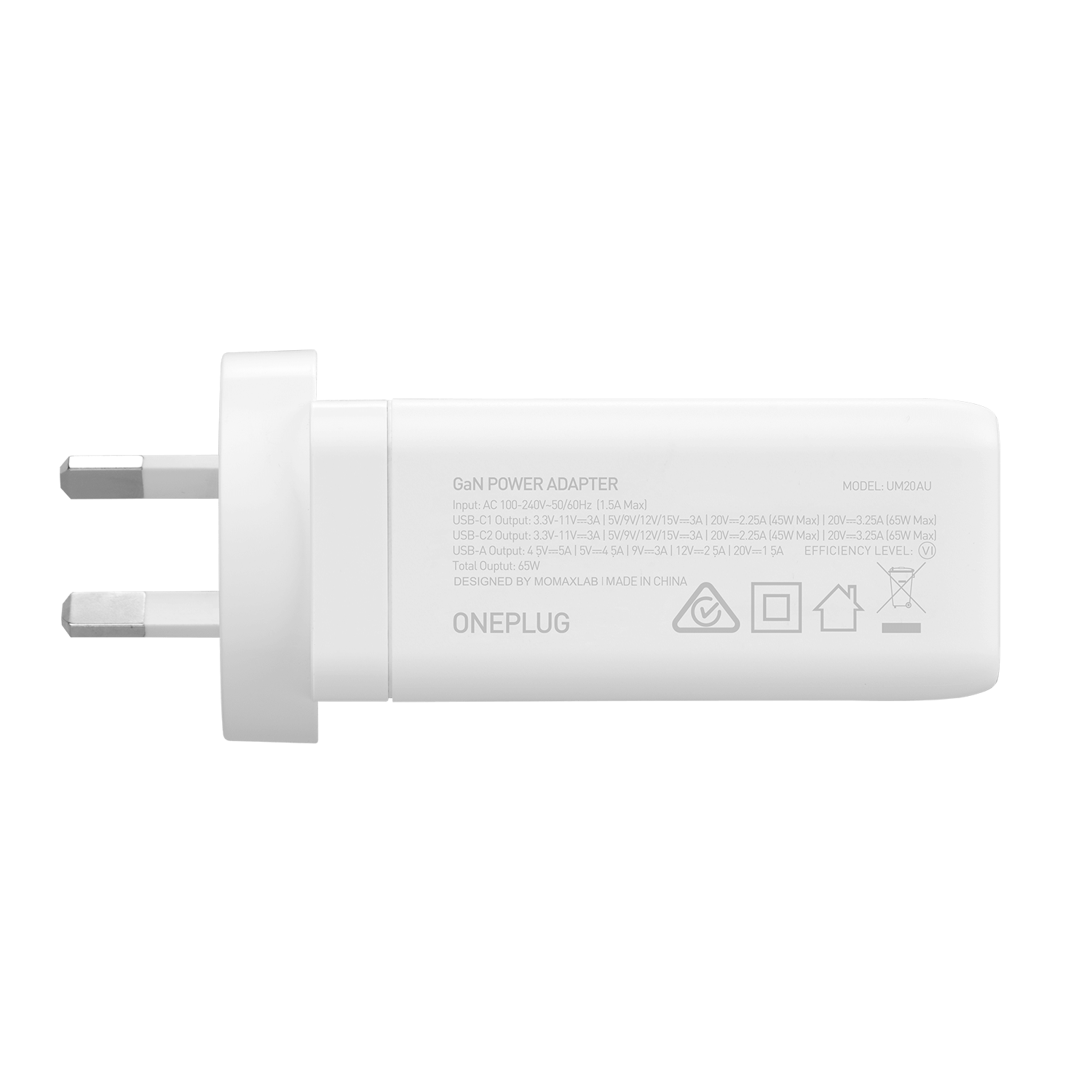 Momax One Plug 65W 3-Port GaN Wall Charger Dual USB-C and USB-A UM20