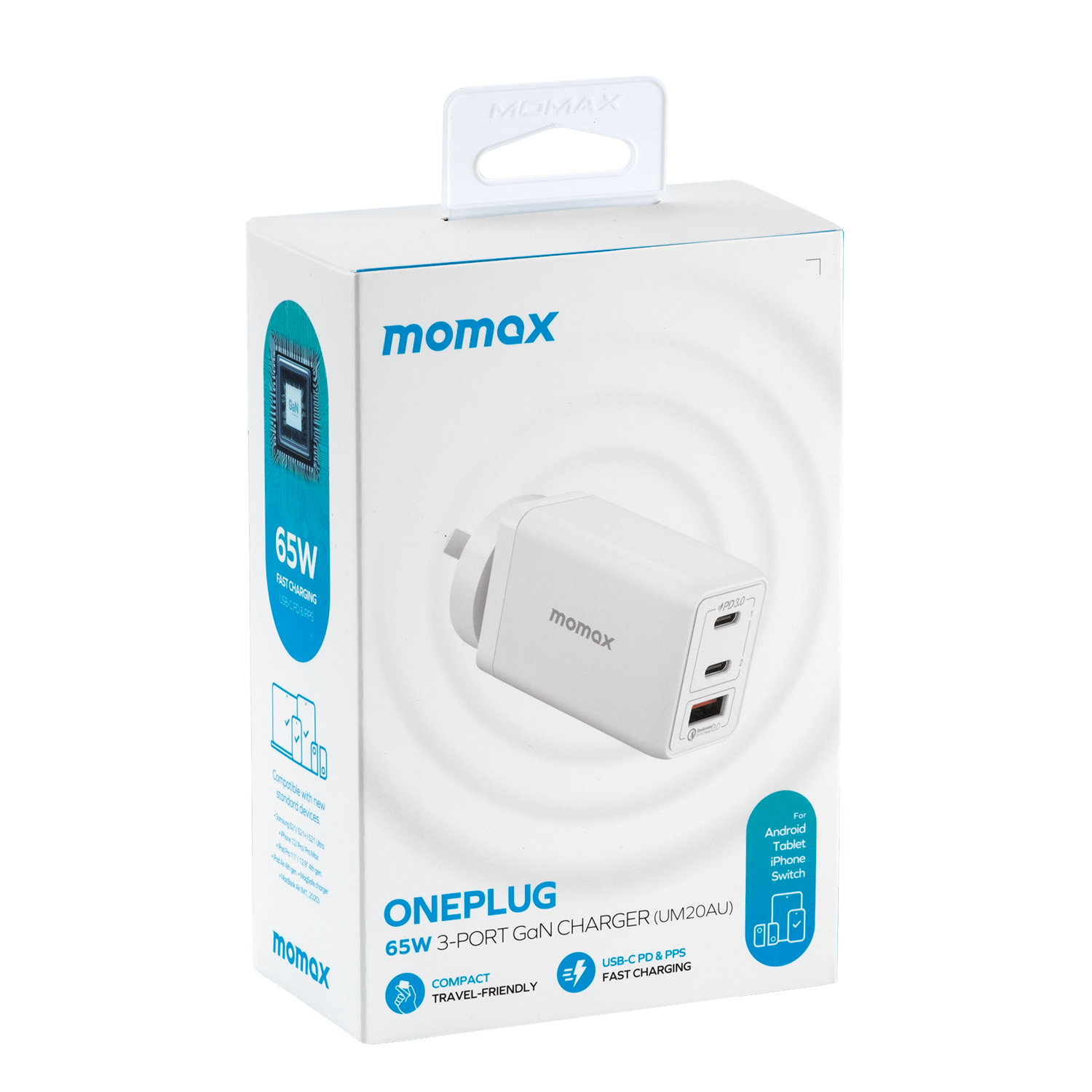 Momax One Plug 65W 3-Port GaN Wall Charger Dual USB-C and USB-A UM20