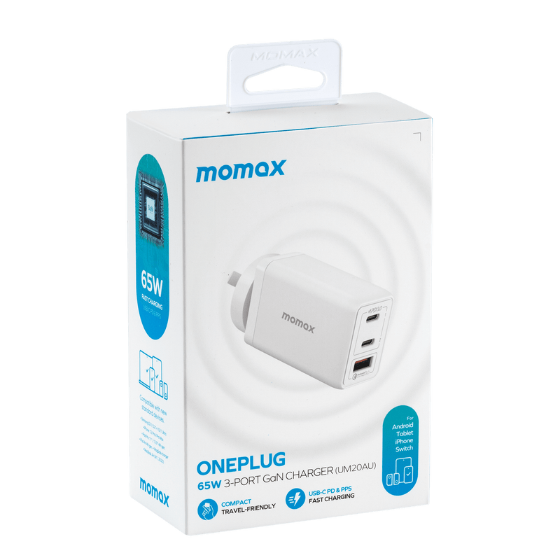 Momax One Plug 65W 3-Port GaN Wall Charger Dual USB-C and USB-A UM20