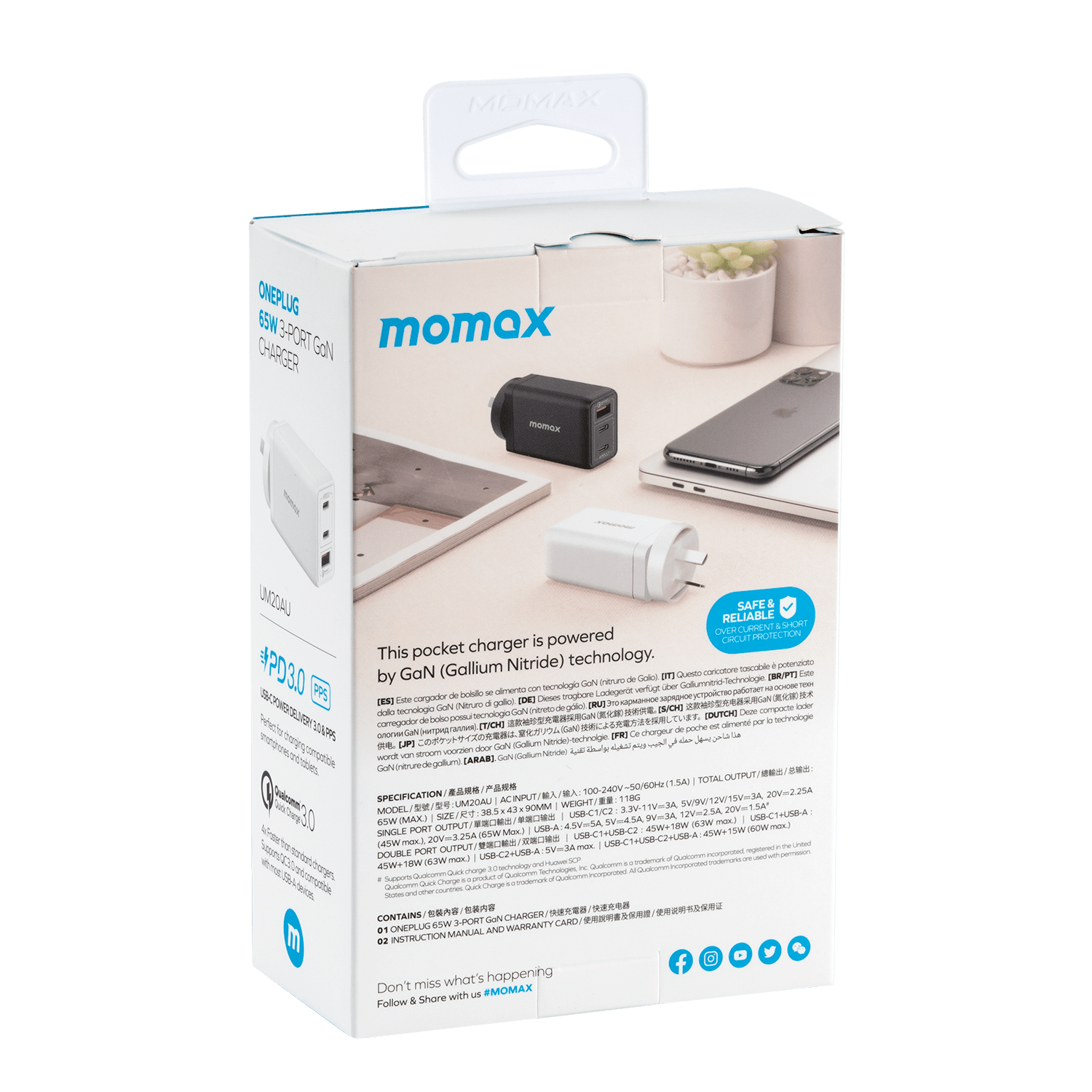 Momax One Plug 65W 3-Port GaN Wall Charger Dual USB-C and USB-A UM20